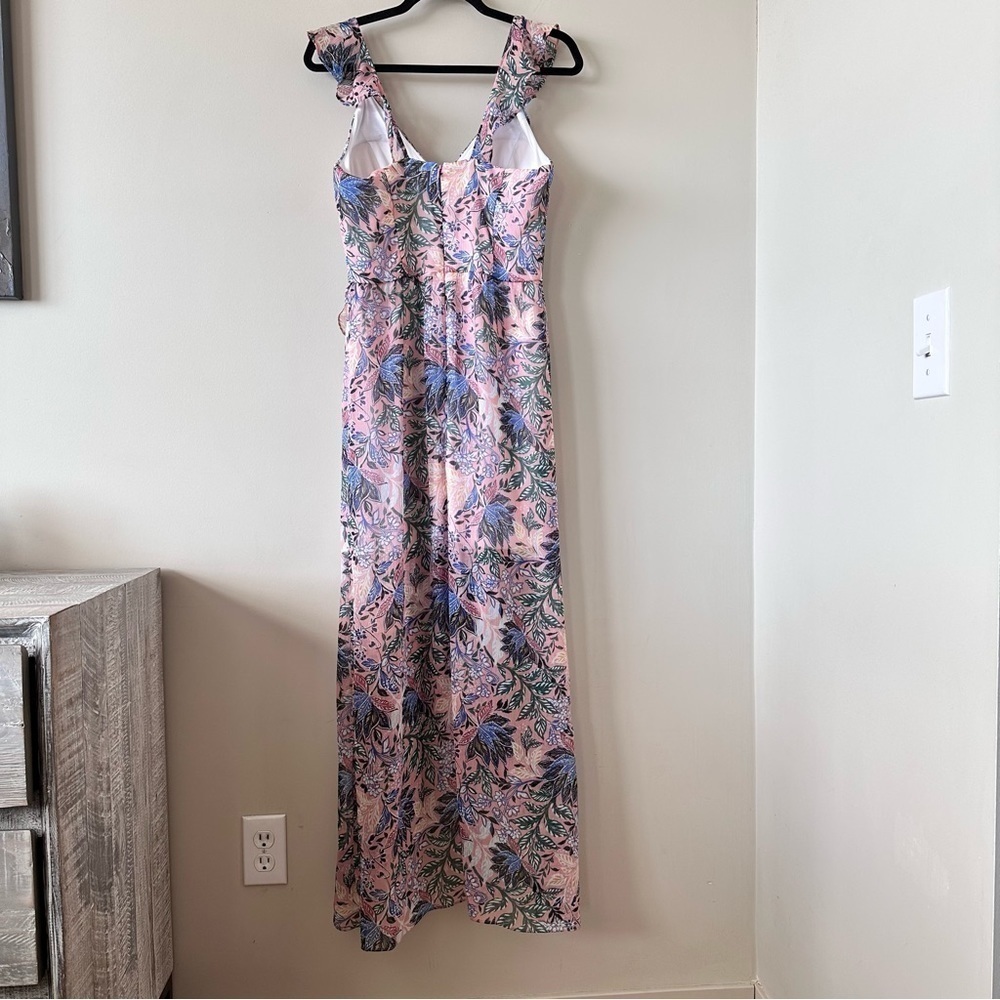 Guess Pink Floral Ruffle-Shoulder High-Low Maxi Dress - Picture 2 of 11